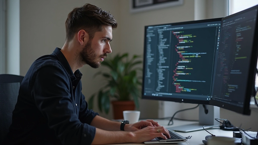 Developer aan het coderen met CSS media queries zichtbaar in code editor, responsive design in progress